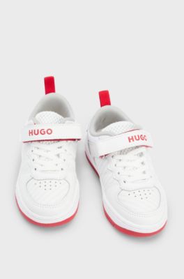 Kids' branded-strap trainers in faux leather and mesh, White