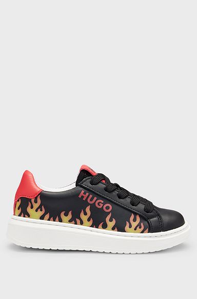 Kids' trainers in nappa leather with flame artwork, Black