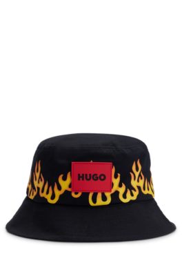 Cappello da pescatore per bambini in tela di cotone con grafica con fiamma, Nero