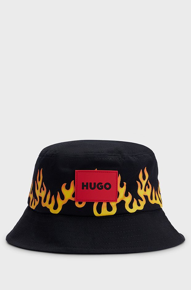 Kids' bucket hat in cotton canvas with flame artwork, Black