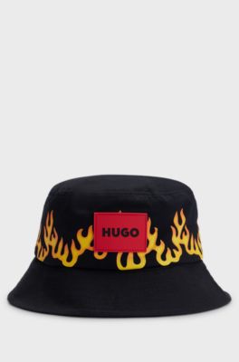 Kids' bucket hat in cotton canvas with flame artwork, Black