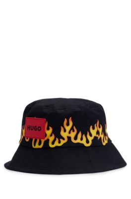 Cappello da pescatore per bambini in tela di cotone con grafica con fiamma, Nero