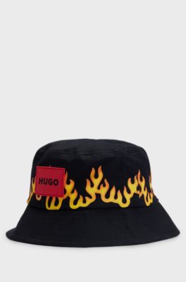 Kids' bucket hat in cotton canvas with flame artwork, Black