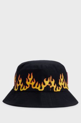 Kids-Fischerhut aus Baumwoll-Canvas mit Flammen-Artwork, Schwarz