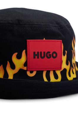 Cappello da pescatore per bambini in tela di cotone con grafica con fiamma, Nero