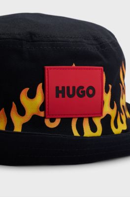 Kids' bucket hat in cotton canvas with flame artwork, Black