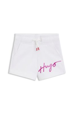 Bermuda per bambini in misto cotone con logo metallizzato, Bianco