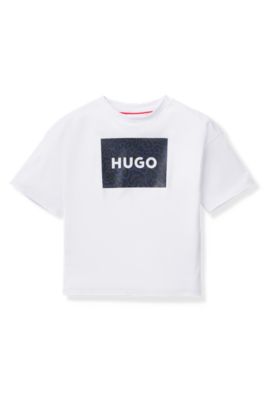Kids' T-shirt in cotton with animal-print logo square, White