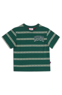 Kids' T-shirt in striped cotton with varsity-style logo, Green