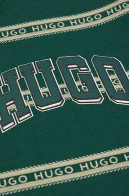 Kids' T-shirt in striped cotton with varsity-style logo, Green