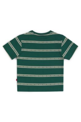 Kids' T-shirt in striped cotton with varsity-style logo, Green