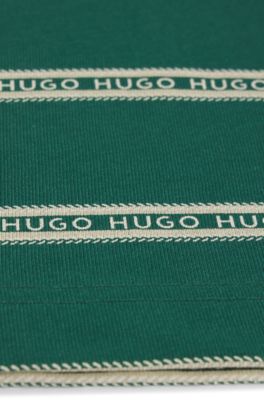 Kids' T-shirt in striped cotton with varsity-style logo, Green