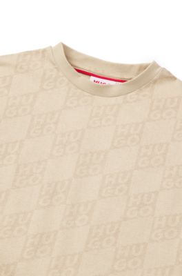 T-shirt per bambini in cotone con stampa con logo scomposto, Beige chiaro