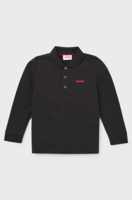 Kids' long-sleeved polo shirt with logo print, Black
