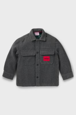 Kids' overshirt in felt fabric with red logo label, Dark Grey