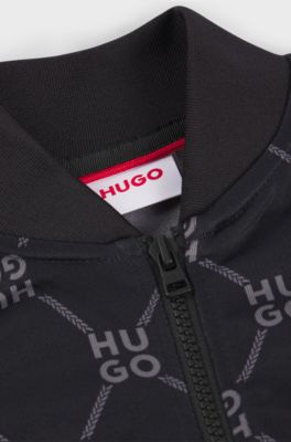 Kids' zip-up jacket with stacked-logo print, Black Patterned