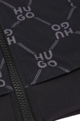 Kinderjas met rits en tweedelige logoprint, Zwart met dessin