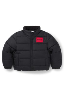 Kids' water-repellent puffer jacket with hidden hood, Black