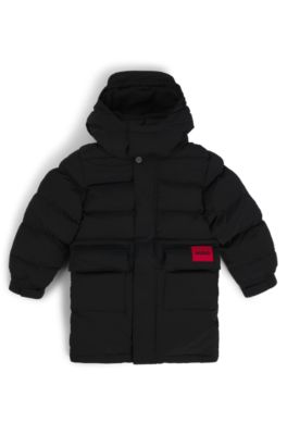Kids' long-length puffer jacket with red logo label, Black