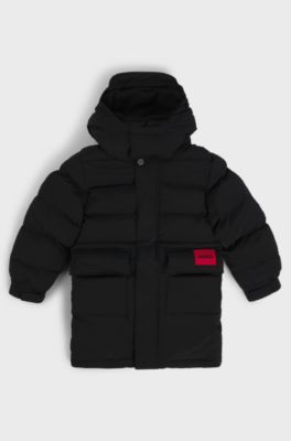 Kids' long-length puffer jacket with red logo label, Black