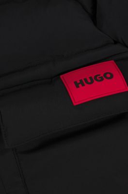 Kids' long-length puffer jacket with red logo label, Black