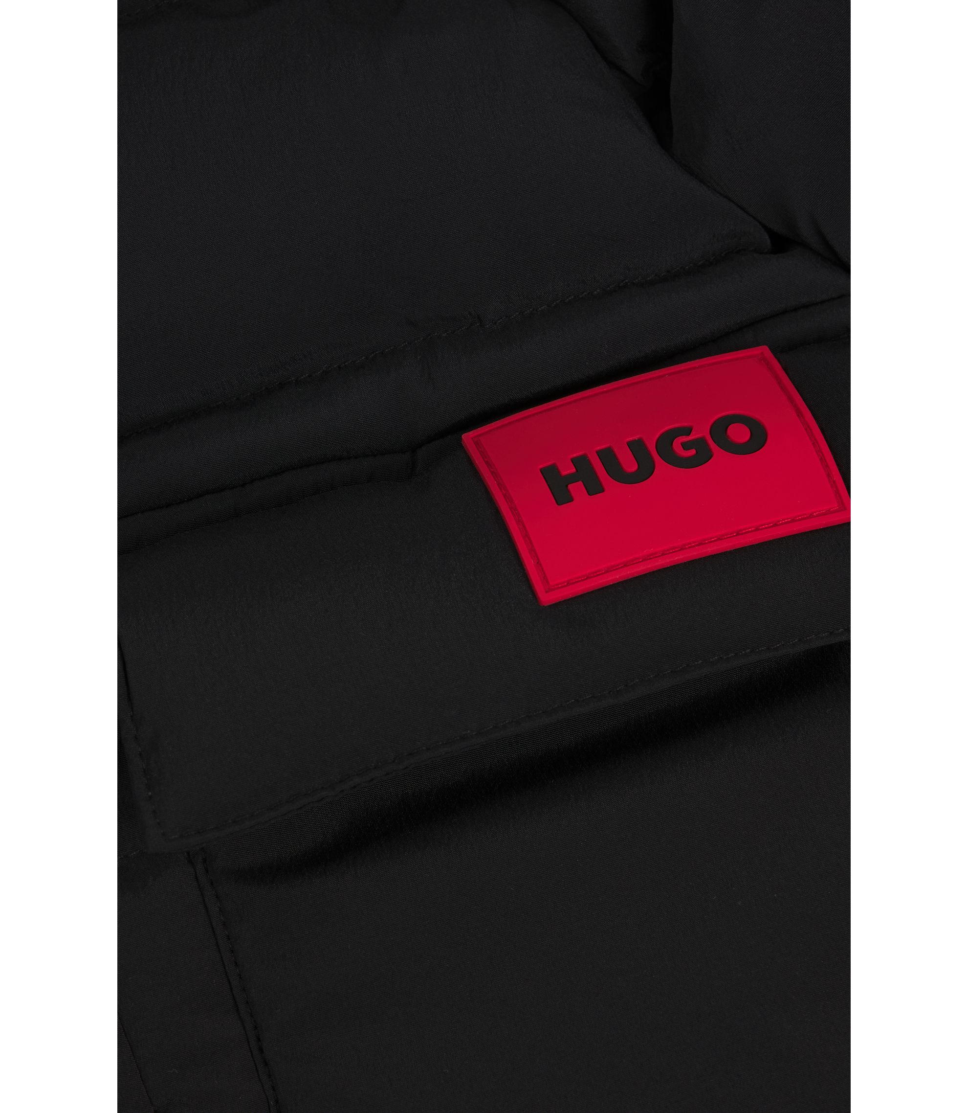 HUGO Kids' long-length puffer jacket with red logo label Black