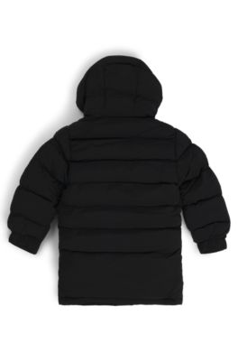 Kids' long-length puffer jacket with red logo label, Black
