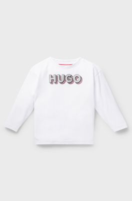 Kids' long-sleeved cotton T-shirt with glitter-effect logo, White