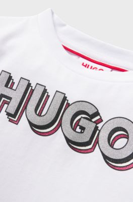 Kids' long-sleeved cotton T-shirt with glitter-effect logo, White