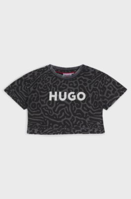 T-shirt f&ouml;r barn i bomull med gepardtryck och logga, Svart m&ouml;nster