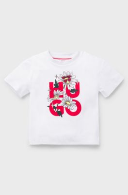 Kids T-shirt in cotton with floral stacked-logo print, White
