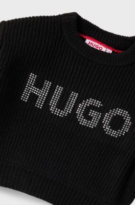 Kids-Pullover in Cropped-L&auml;nge mit Nieten-Logo, Schwarz