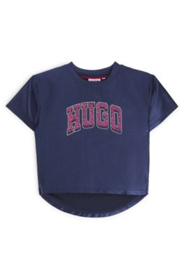 Kids' T-shirt in lustrous fabric with varsity-style logo, Dark Blue