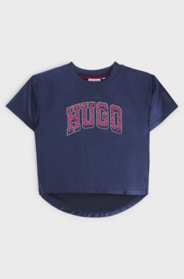 T-shirt pour enfant en tissu brillant avec logo style universitaire, Bleu fonc&eacute;