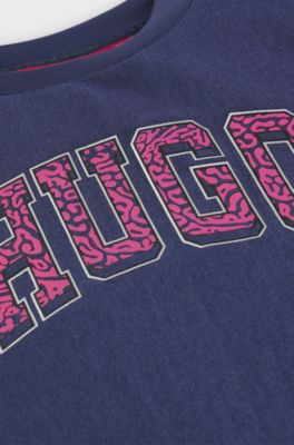 Kids' T-shirt in lustrous fabric with varsity-style logo, Dark Blue