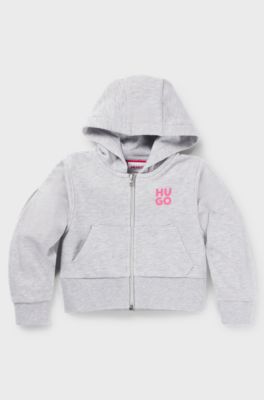 Kids' cotton-blend zip-up hoodie with logo prints, Light Grey