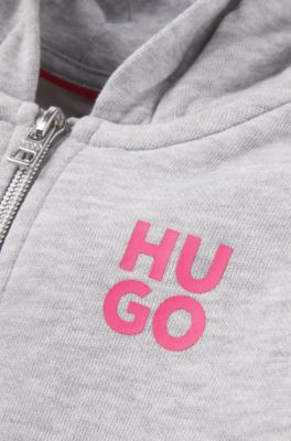 Kids' cotton-blend zip-up hoodie with logo prints, Light Grey