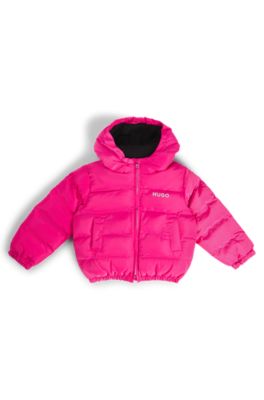 Kids' hooded puffer jacket with lustrous logo print, Pink