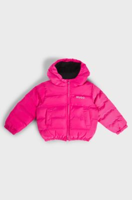 Kids' hooded puffer jacket with lustrous logo print, Pink