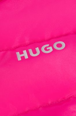 Giubbotto imbottito per bambini con cappuccio e logo stampato lucido, Rosa