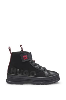 Kids' half boots in leather and water-repellent canvas, Black