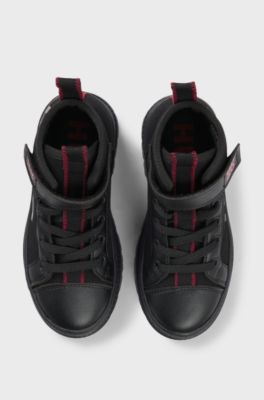 Kids' half boots in leather and water-repellent canvas, Black