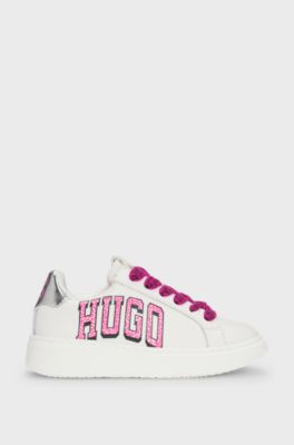 Sneakers per bambini in pelle con rifiniture in similpelle metallizzata, Bianco