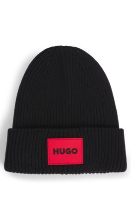 Kids' knitted beanie hat with red logo label, Black
