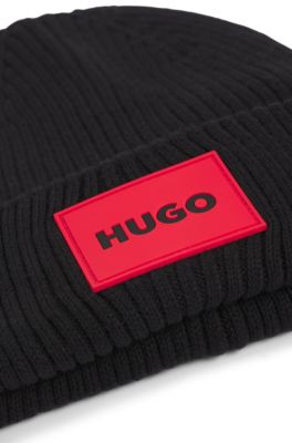 Kids' knitted beanie hat with red logo label, Black
