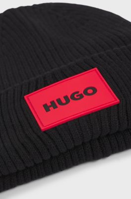 Kids' knitted beanie hat with red logo label, Black