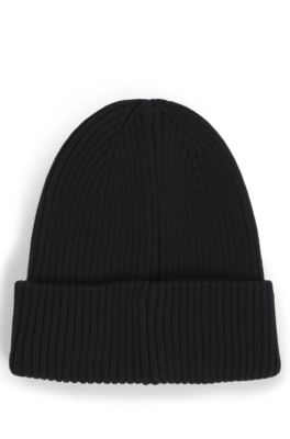 Kids' knitted beanie hat with red logo label, Black