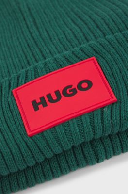 Kids' knitted beanie hat with red logo label, Green