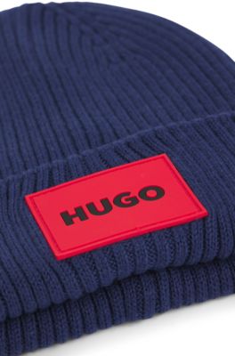 Bonnet pour enfant avec &eacute;tiquette logot&eacute;e rouge, Bleu fonc&eacute;