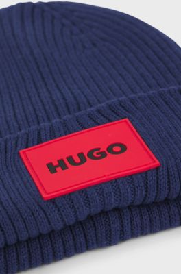 Kids' knitted beanie hat with red logo label, Dark Blue